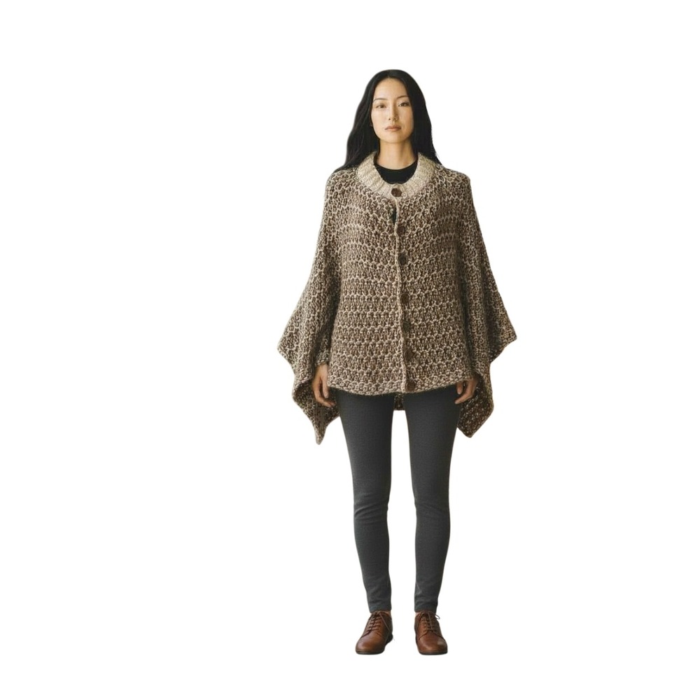SIMPLY NOELLE Women's One Size‎ Knit Button Front Poncho Sweater Brown White